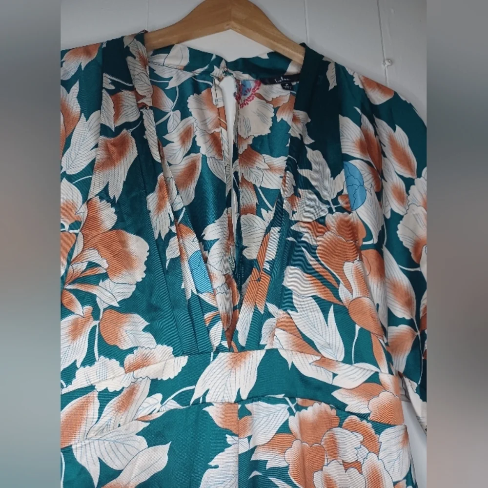 Lulu's Teal and Cream Floral Long Sleeve Dress